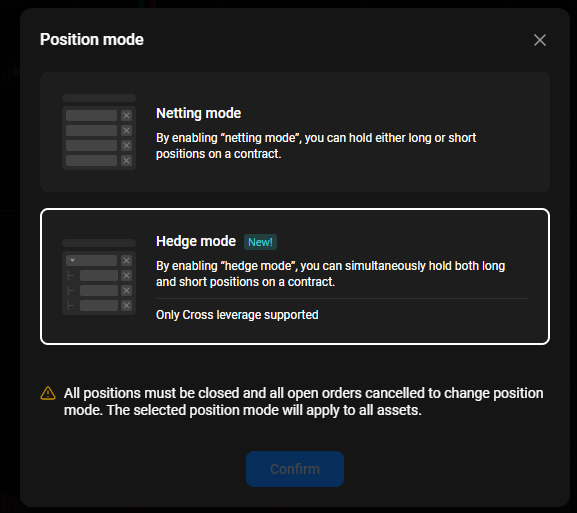 Hedge Mode: PrimeXBT’s powerful addition to position management on the Crypto Futures platform - Web Switching modes open positions warning